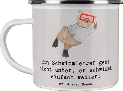 Produktbild von Mr. & Mrs. Panda Teetasse Schwimmlehrer Motivation - Grau Pastell - Geschenk, Berufsgestaltung, Emailletasse, Berufe, Beruf, Schwimmunterricht, Emaille Tasse, becher