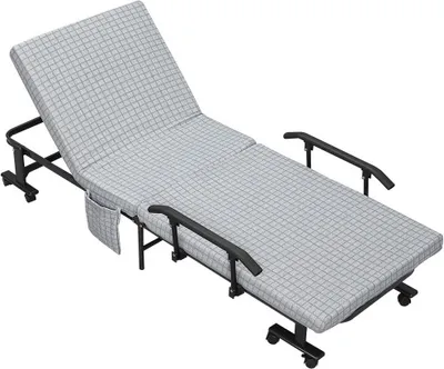 Produktbild von Klappbett Gaestebett mit Rollen und 5-stufig verstellbarer Rueckenlehne, Reisebett aus Stahlrahmen in Hellgrau und Schwarz, 190x76x33cm