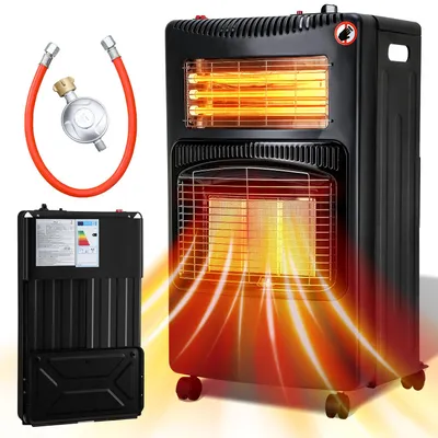 Immagine prodotto di Riscaldatore 2-in-1 a gas e elettrico Eikuavons, 4200W/1200W, con elementi in Vetroceramica e quarzo, 3 livelli di potenza del gas, sistema di accensione elettronica (ODS), dotato di 4 ruote