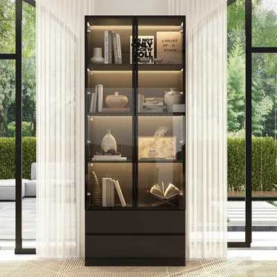 Immagine prodotto di Vetrina con 2 ante, 2 cassetti, vetro nero, dimensioni 80x36x200 cm, realizzata in MDF con illuminazione a 3 colori