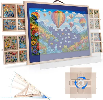 Produktbild von Puzzlebrett für 2000 Teile, 360° drehbar, 0-41° neigbar, 104 x 74,9 cm Holz, mit 4 Schubladen (16 Fächer), Schutzabdeckung, rutschfestem Filz