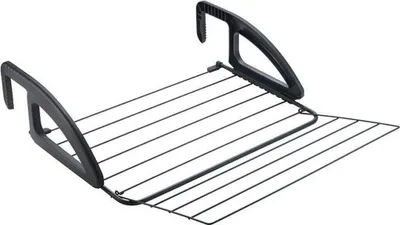 A black metal clothes drying rack with black plastic handles, shown against a white background.