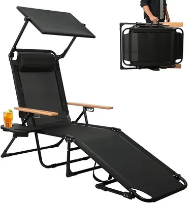 Produktbild von Sonnenliege Klappbar mit Kopfkissen, Gartenliege Wetterfest, Klappbare Strandliege Campingliege mit Holzarmlehnen, Liegestuhl für Balkon, Garten, Pool & Strand, bis 150kg (Schwarz–mit Dach)
