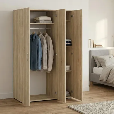 Image de Pettineo - Armoire 3 Portes, 111x52 cm Chêne Marron, Porte-manteaux