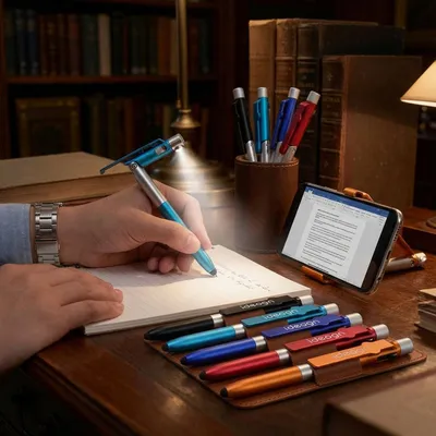 Produktbild von 4in1 Kugelschreiber mit LED-Lampe, Touchpen für Tablets & Handy-Ständer Funktion, 10er-Set – Multifunktionsstift Schreibset für Büro, Alltag und Reise
