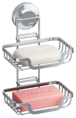 Immagine prodotto di Porta sapone da parete con scarico, doppio vano, argento, dimensioni 14,4 x 12,7 x 25,8 cm