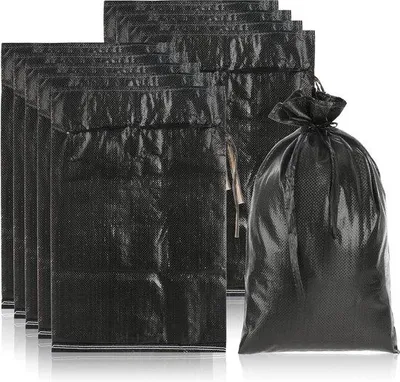 Zdjęcie produktu dla 10 czarnych worków z piaskiem o pojemności 20 kg, wykonanych z wytrzymałego polipropylenu, z paskami do zamykania, do ochrony przeciwpowodziowej