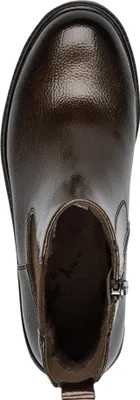 A top-down view of a brown vegan boot.
