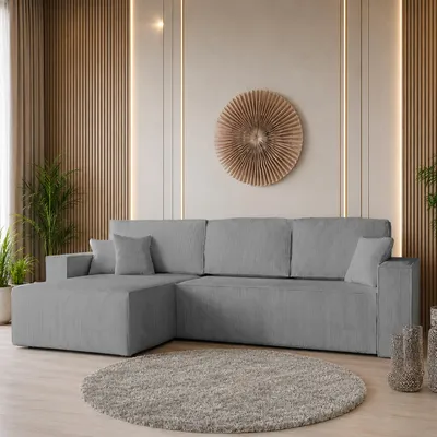 Produktbild von GOLDSTOFF Ecksofa mit Schlaffunktion und Bettkasten | Ecksofa L-Form für Wohnzimmer | Cord Sofa mit Liegefläche 230x147cm | Schlafsofa (Grau)