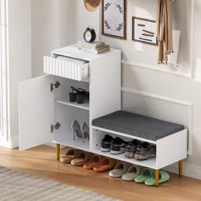 Produktbild von Schuhschrank mit Sitzbank, Schuhregal mit 1 Tür,Sitzhocker 1 offenen Ablagefächern, gepolstert 100*35*82.2cm (B×H×T)