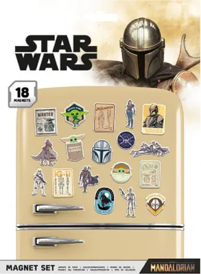 A product package for a Star Wars Mandalorian magnet set, showing the packaging and a collage of magnets on a refrigerator.