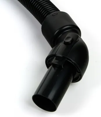 A close-up view of a black vacuum cleaner hose attachment with a flexible joint.