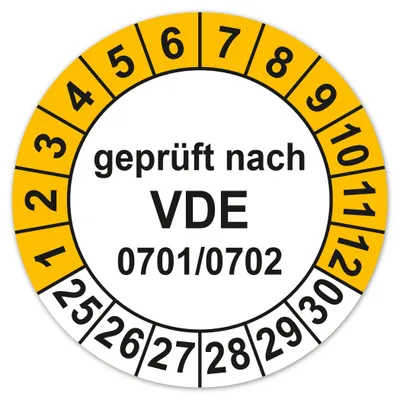 Testetikett VDE 0701/0702, gelb/weiß, 30 mm, 100 Stück