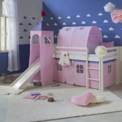 Produktbild von Homestyle4u Kinder Hochbett Mit Rutsche Leiter Turm Tunnel Vorhang Rosa Massivholz Weiß 90x200 cm