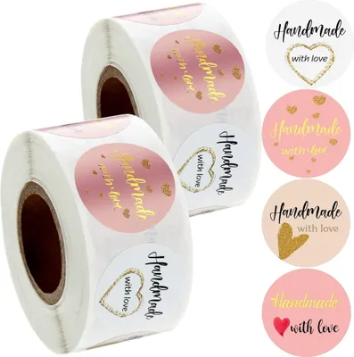 Produktbild von GKA 50 Stück Geschenkaufkleber Handmade with Love Aufkleber Etiketten Dekorative Sticker mit Gold-Effekt Aufkleber Geburtstag 25 mm rund selbstklebend
