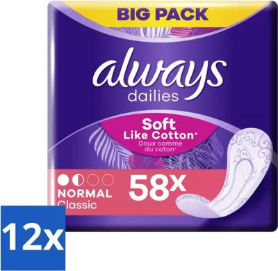 Obrázok produktu pre Always - Vložky do nohavičiek - Normal - Mäkké - 58 vložiek do nohavičiek - Hodnotné balenie - 12 kusov