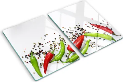 Produktbild von Tulup Glas Herdabdeckplatte - 2x40x52 cm - Glaskeramikkochfeld-Abdeckung Spritzschutz Glasabdeckplatte Kochplattenabdeckung und Schneidebrett - Zweiteilig - Essen & Getränke - Chilischoten - Mehrfarbig