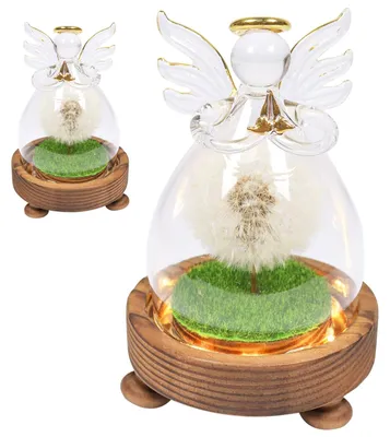 Wunschfüller mit echter Löwenzahnblüte im Glas, LED-Licht, Engel-Figur
