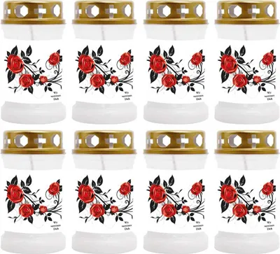 Produktbild von Grabkerze Weiß 8er Pack, Brenndauer: 40 Stunden ( je Kerze ), Motiv: Rose Ranke