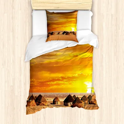 Produktbild von ABAKUHAUS afrikanisch Mantele, Landschaft, Milbensicher Allergiker geeignet mit Kissenbezügen, 135 cm x 200 cm - 80 x 80 cm, Orange
