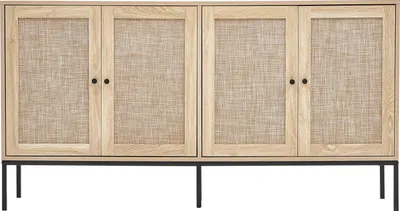 A four-door cabinet with rattan fronts and black metal legs, presented against a white background.