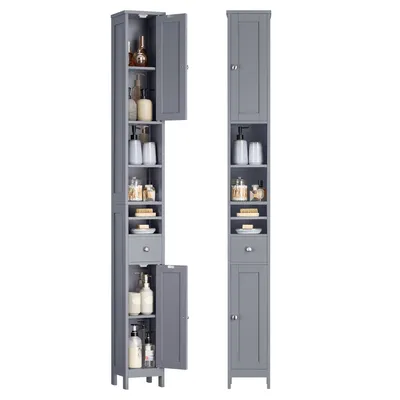 Two tall, narrow gray bathroom storage cabinets are shown against a white background. One cabinet is fully closed, while the other has its top and bottom doors open, revealing its contents.