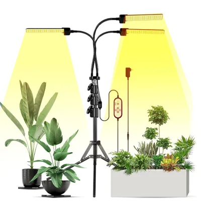 Produktbild von 3 Koepfe LED-Wachstumslichter fuer Zimmerpflanzen Vollspektrum 3 Lichtmodi 5 Helligkeiten 3 Timing mit hoehenverstellbarem Stativstaender 360-Grad-Schwanenhalsrohr Fernbedienung fuer Pflanzenwachstum