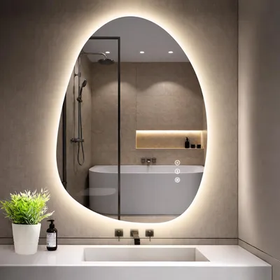 Produktbild von GIMBELEN Asymmetrischer Badspiegel mit Beleuchtung 75 × 55 cm, 3 Lichtfarben, Dimmbar, Antibeschlag, IP44 Wasserdicht, Led Spiegel Bad mit Touch