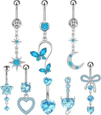 Image de Lot de 8 piercings pour nombril, motifs cœur et papillon, couleur bleue