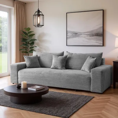 Produktbild von Cord Schlafsofa 3-Sitzer 265 x 105 cm Hellgrau mit Schlaffunktion und Bettkasten – Cordo