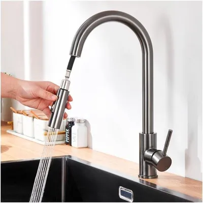 Image de Robinet de cuisine en acier inoxydable, robinet de lavabo pivotant à 360° avec tuyau de raccordement de 60 cm