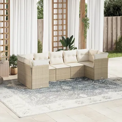Produktbild von 7-tlg. Garten-Sofagarnitur - Gartenmöbel Lounge-Set mit Kissen Beige Poly Rattan,63,8 Kg