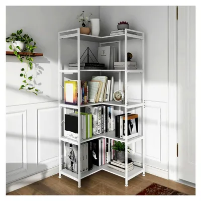Produktbild von 5-stufiges Eck-Bücherregal in Weiß mit Metallrahmen
