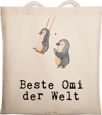 Produktbild von Mr. & Mrs. Panda Tote Bag Pinguin Beste Omi der Welt - Transparent - Geschenk, Geburtstag, Enkelkind, Laptoptasche, canvas tasche, Tragetasche, Geschenkidee, Großmutter