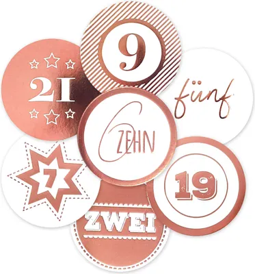 Produktbild von 24 Adventskalenderzahlen XL Aufkleber rosegold, Durchmesser 6 cm / Sticker, Weihnachten, Adventskalender, DIY Kalender,, Aufkleber