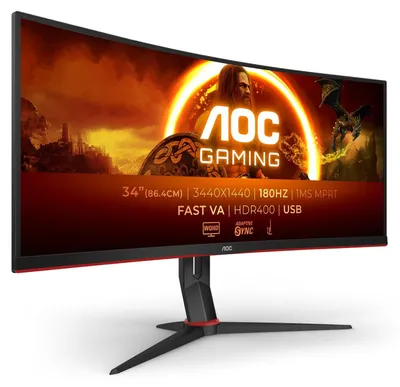 Produktbild von AOC G2 CU34G2XPD/BK, 86,4 cm (34"), 3440 x 1440 Pixel, Wide Quad HD, LED, 1 ms, Schwarz, Rot