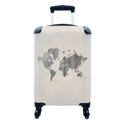 Produktbild von MuchoWow® Koffer Handgepäck Trolley Rollkoffer Kleine Reisekoffer mit 4 Rollen - Weltkarte - Holz - Regal - Cabin Size < 55x40x23 cm & 55x40x20 cm - Fotokoffer - Kabinenkoffer - Boardgepäck - Reise-Box - Reisekoffer - Reisegepäck - Koffer mit Bild - Trolley für Kinder