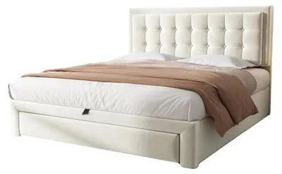 Immagine prodotto di Letto matrimoniale imbottito - Letto con sistema idraulico 140 x 190 cm - Rivestimento in velluto - Struttura con doghe in legno - 2 contenitori sotto il letto - Testiera - Colore beige