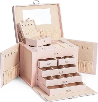 Produktbild von Famanu Schmuckbox abschließbar, 5 Ebenen mit 5 Schubladen, mit Spiegel, für Ringe, Ohrringe, Halsketten und Armbänder, rosa