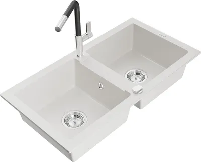 Immagine prodotto di Mexen Mario lavello in granito a 2 vasche con rubinetto da cucina Flora, bianco - 6504-20-670401-07