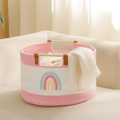 Produktbild von Großer Deckenkorb, 35 Liter, Baumwollseilkorb mit Holzgriffen, geflochtene Körbe für Kinder, Kuscheltiere, Aufbewahrungskorb fürs Kinderzimmer, Wäschekorb, Kleiderkorb, Babykorb, Jungen, Geschenkkorb, leer
