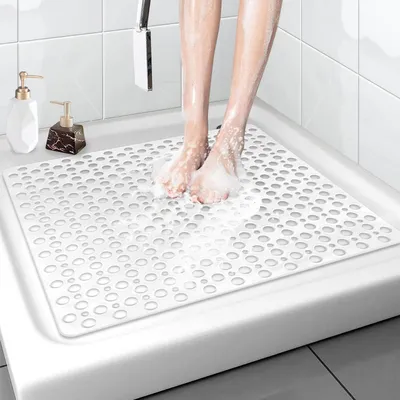 Image de Tapis de douche antidérapant, 70x70 cm, blanc, carré, avec ventouses, en TPE