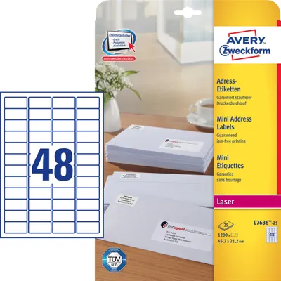 Immagine prodotto di Avery Zweckform L7636 - Etichette adesive - 21,2 x 45,7 mm - 1200 etichette (25 fogli x 48) (L7636-25)