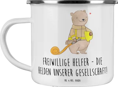 Produktbild von Mr. & Mrs. Panda Emaille Tasse Freiwilliger Held - Weiß - Geschenk, Teetasse, Pott, Haferl, Aufmerksamkeit, Danke sagen, Bedanken, Freiwilligenarbeit, Gemeinwesen, becher