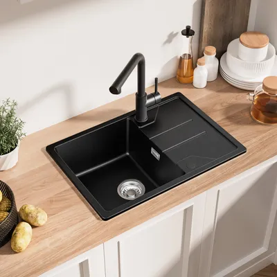 Produktbild von Granitspüle Küchenspüle 65x45 cm Granit Einbauspüle Rechteck Spülbecken mit Siphon Ab- und Überlaufgarnitur, Aufsatzspüle für Küche