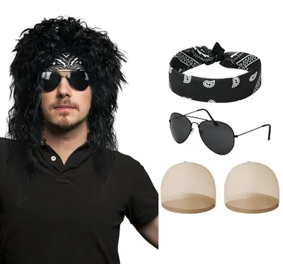 Produktbild von Rocker Kostüm Zubehör Set 5-teilig Schwarz Perücke Bandana Sonnenbrille 70er 80er 90er Jahre