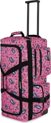 A pink rolling duffel bag with a unicorn pattern and black straps and handles.