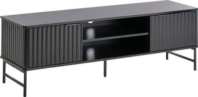 Zdjęcie produktu dla BELIANI Szafka RTV czarna płyta MDF 140 x 40 cm stolik pod telewizor półki i drzwiczki nowoczesny styl