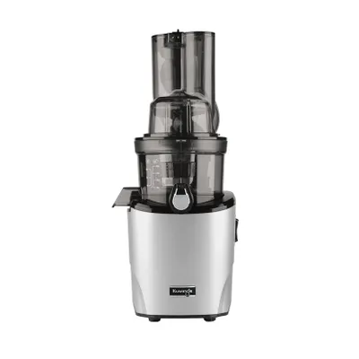 A silver and black Kuvings slow juicer is shown against a white background.
