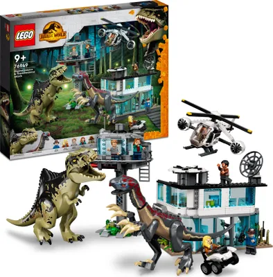 Produktbild von LEGO Jurassic World Giganotosaurus & Therizinosaurus Angriff Set mit Spielzeug-Hubschrauber, Garage, Spielzeugauto und 2 Dinosaurier-Figuren, Geschenk für Fans von der Jurassic Park-Reihe 76949